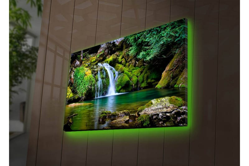 Canvas-taulu LED-valaistuksella 45x70 cm - Kaunis vesiputous rehevän vehreyden ja kalliomuodostelmien ympäröimänä - Vihreä / Sininen / Ruskea - Sisustustuotteet - Taulu & taide - Canvas-taulu