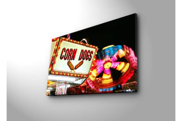 Canvas-taulu LED-valaistuksella 45x70 cm - Kirkas ja värikäs kyltti, jossa teksti CORN DOGS ja pyörivä karuselli taustalla - Punainen / Keltainen / Sininen - Sisustustuotteet - Taulu & taide - Canvas-taulu