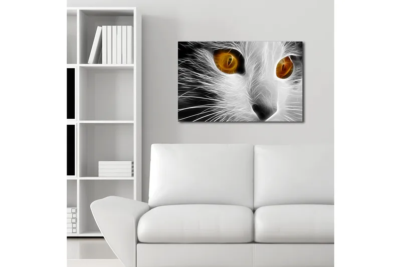 Canvas-taulu LED-valaistuksella 45x70 cm - Kissan naama intensiivisillä silmillä - Valkoinen / Musta / Oranssi - Sisustustuotteet - Taulu & taide - Canvas-taulu