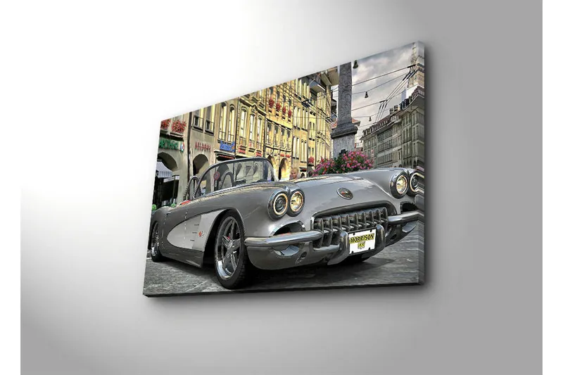 Canvas-taulu LED-valaistuksella 45x70 cm - Klassikkoauto kaupunkiympäristössä - Harmaa / Musta / Valkoinen - Sisustustuotteet - Taulu & taide - Canvas-taulu