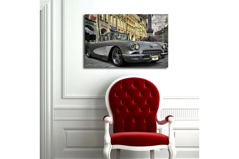 Canvas-taulu LED-valaistuksella 45x70 cm - Klassikkoauto kaupunkiympäristössä - Harmaa / Musta / Valkoinen - Sisustustuotteet - Taulu & taide - Canvas-taulu