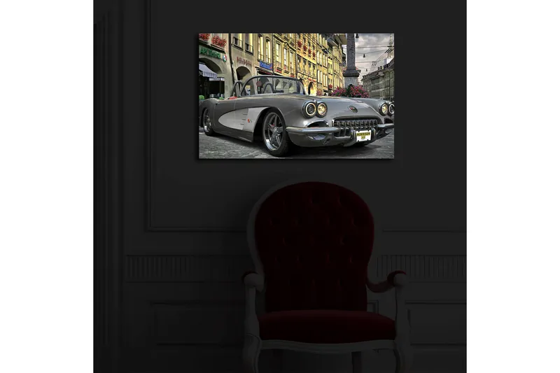 Canvas-taulu LED-valaistuksella 45x70 cm - Klassikkoauto kaupunkiympäristössä - Harmaa / Musta / Valkoinen - Sisustustuotteet - Taulu & taide - Canvas-taulu