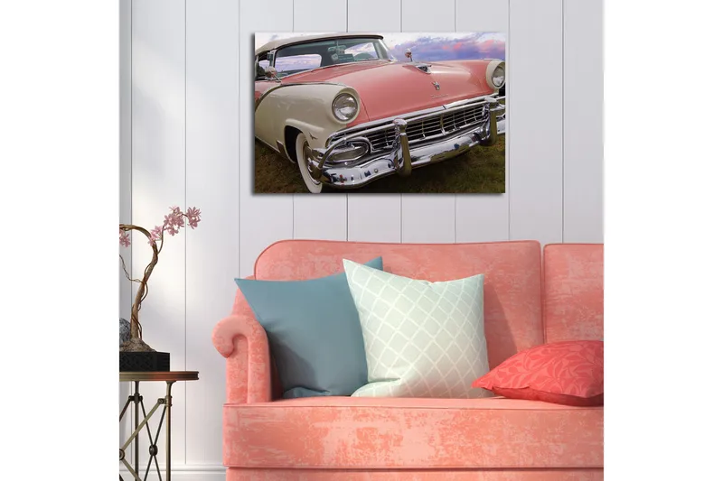 Canvas-taulu LED-valaistuksella 45x70 cm - Klassinen auto retrohenkisellä pastelliväreillä - Vaaleanpunainen / Valkoinen / Kromi - Sisustustuotteet - Taulu & taide - Canvas-taulu