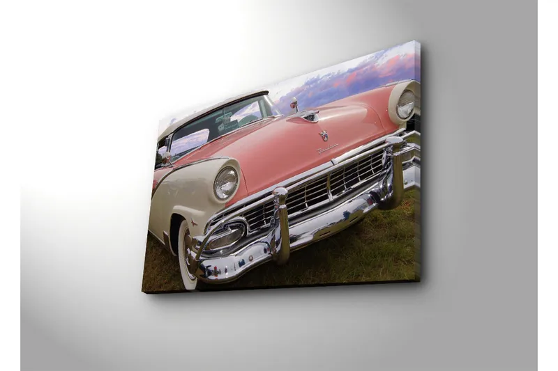 Canvas-taulu LED-valaistuksella 45x70 cm - Klassinen auto retrohenkisellä pastelliväreillä - Vaaleanpunainen / Valkoinen / Kromi - Sisustustuotteet - Taulu & taide - Canvas-taulu