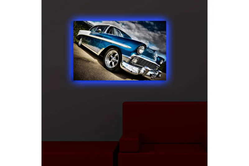 Canvas-taulu LED-valaistuksella 45x70 cm - Klassinen auto retrotyyliin kiiltävillä kromiyksityiskohdilla - Sininen / Hopea / Musta - Sisustustuotteet - Taulu & taide - Canvas-taulu