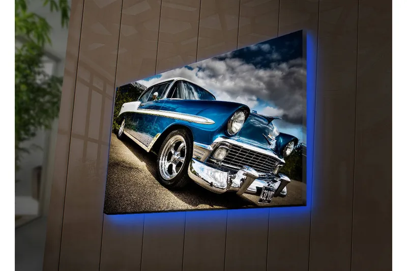 Canvas-taulu LED-valaistuksella 45x70 cm - Klassinen auto retrotyyliin kiiltävillä kromiyksityiskohdilla, Sininen / Hopea / Musta
