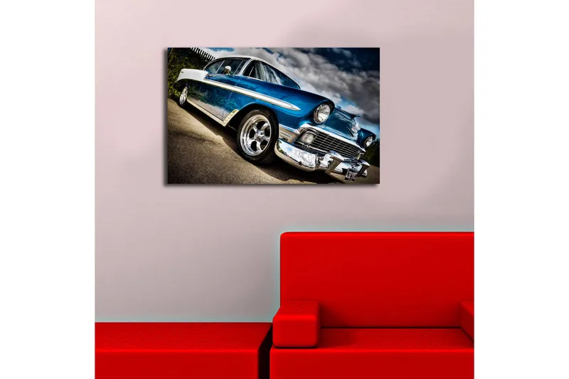 Canvas-taulu LED-valaistuksella 45x70 cm - Klassinen auto retrotyyliin kiiltävillä kromiyksityiskohdilla - Sininen / Hopea / Musta - Sisustustuotteet - Taulu & taide - Canvas-taulu