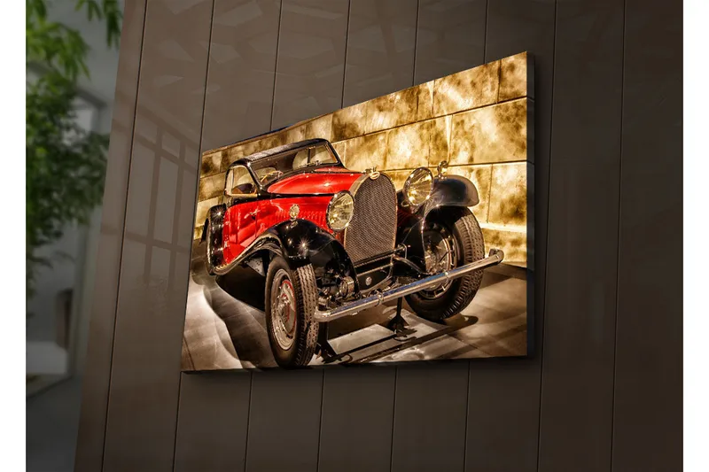 Canvas-taulu LED-valaistuksella 45x70 cm - Klassinen urheiluauto punaisen ja mustan väriyhdistelmässä, Punainen / Musta / Harmaa