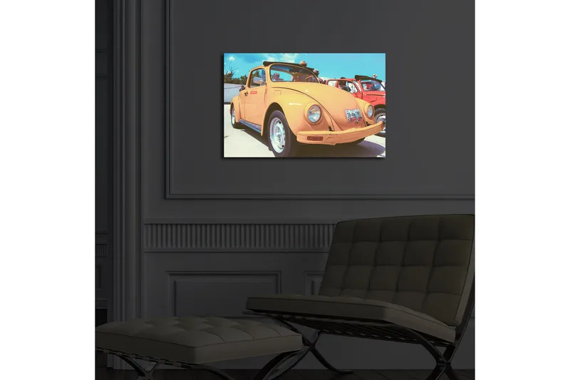 Canvas-taulu LED-valaistuksella 45x70 cm - Klassinen Volkswagen-auto pirteässä oranssissa sävyssä - Oranssi / Sininen / Valkoinen - Sisustustuotteet - Taulu & taide - Canvas-taulu