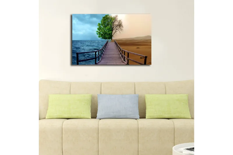 Canvas-taulu LED-valaistuksella 45x70 cm - Kontrasti rehevän puuston ja aavikkomaiseman välillä - Vihreä / Sininen / Beige - Sisustustuotteet - Taulu & taide - Canvas-taulu