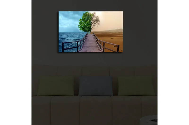 Canvas-taulu LED-valaistuksella 45x70 cm - Kontrasti rehevän puuston ja aavikkomaiseman välillä - Vihreä / Sininen / Beige - Sisustustuotteet - Taulu & taide - Canvas-taulu