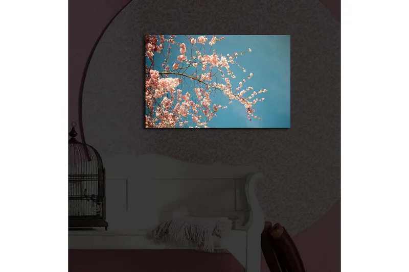 Canvas-taulu LED-valaistuksella 45x70 cm - Kukkivia kirsikanoksia kirkasta sinistä taivasta vasten - Vaaleanpunainen / Sininen - Sisustustuotteet - Taulu & taide - Canvas-taulu