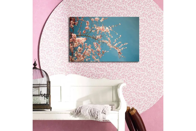 Canvas-taulu LED-valaistuksella 45x70 cm - Kukkivia kirsikanoksia kirkasta sinistä taivasta vasten - Vaaleanpunainen / Sininen - Sisustustuotteet - Taulu & taide - Canvas-taulu