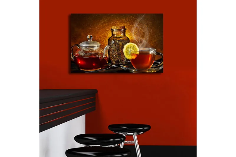 Canvas-taulu LED-valaistuksella 45x70 cm - Lämmin ja kutsuva teesetti sitruunaviipaleella - Punainen / Ruskea / Keltainen - Sisustustuotteet - Taulu & taide - Canvas-taulu