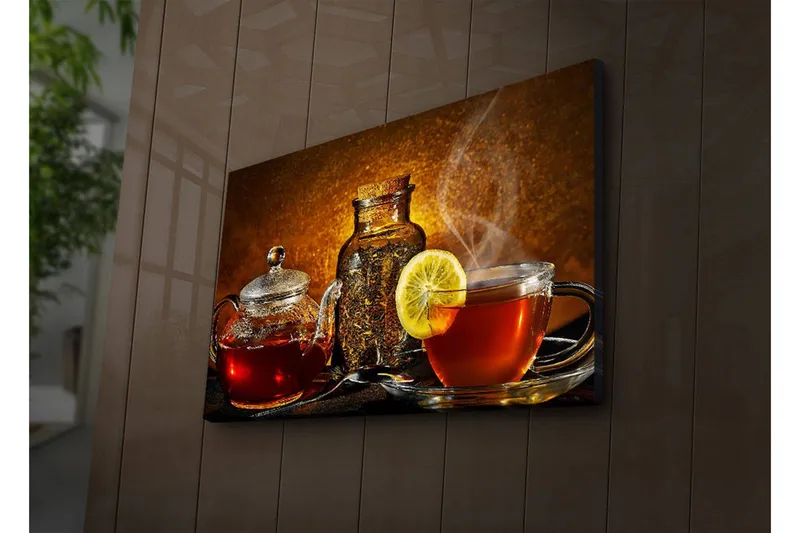 Canvas-taulu LED-valaistuksella 45x70 cm - Lämmin ja kutsuva teesetti sitruunaviipaleella, Punainen / Ruskea / Keltainen