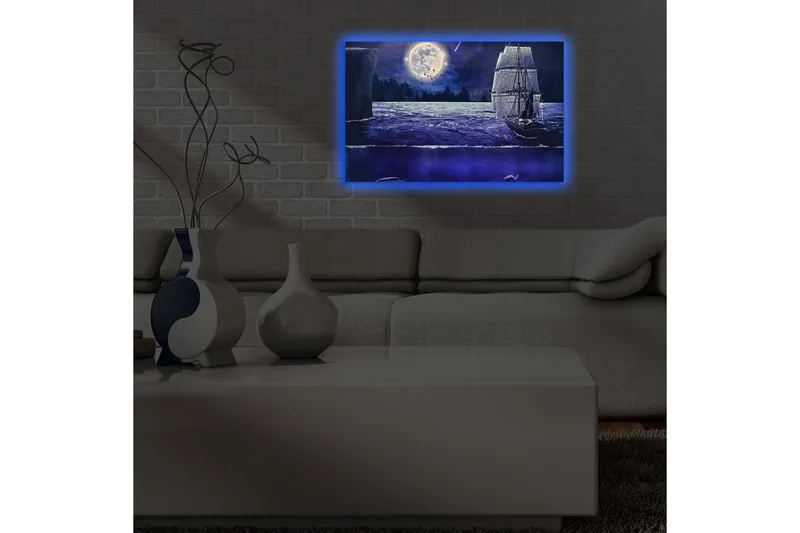 Canvas-taulu LED-valaistuksella 45x70 cm - Laiva purjehtii täysikuun alla tähtitaivaan yönä - Tummansininen / Harmaa / Valkoinen - Sisustustuotteet - Taulu & taide - Canvas-taulu