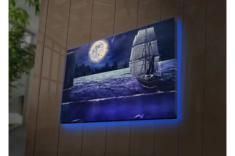 Canvas-taulu LED-valaistuksella 45x70 cm - Laiva purjehtii täysikuun alla tähtitaivaan yönä, Tummansininen / Harmaa / Valkoinen