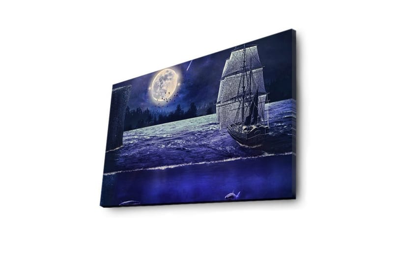 Canvas-taulu LED-valaistuksella 45x70 cm - Laiva purjehtii täysikuun alla tähtitaivaan yönä - Tummansininen / Harmaa / Valkoinen - Sisustustuotteet - Taulu & taide - Canvas-taulu