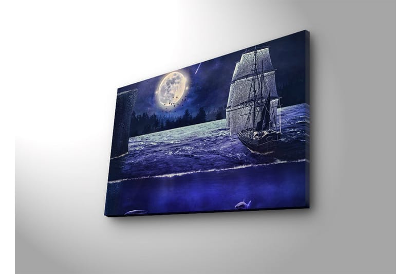 Canvas-taulu LED-valaistuksella 45x70 cm - Laiva purjehtii täysikuun alla tähtitaivaan yönä - Tummansininen / Harmaa / Valkoinen - Sisustustuotteet - Taulu & taide - Canvas-taulu