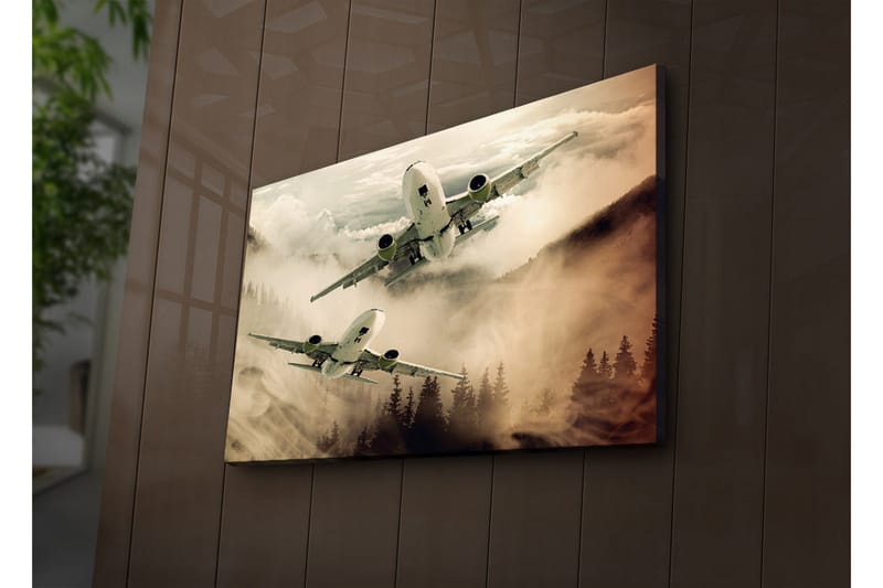 Canvas-taulu LED-valaistuksella 45x70 cm - Lentokone leijuu sumuisten vuorenhuippujen yllä - Harmaa / Beige / Tummanvihreä - Sisustustuotteet - Taulu & taide - Canvas-taulu