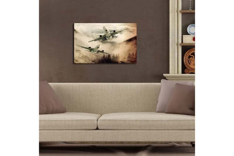 Canvas-taulu LED-valaistuksella 45x70 cm - Lentokone leijuu sumuisten vuorenhuippujen yllä - Harmaa / Beige / Tummanvihreä - Sisustustuotteet - Taulu & taide - Canvas-taulu
