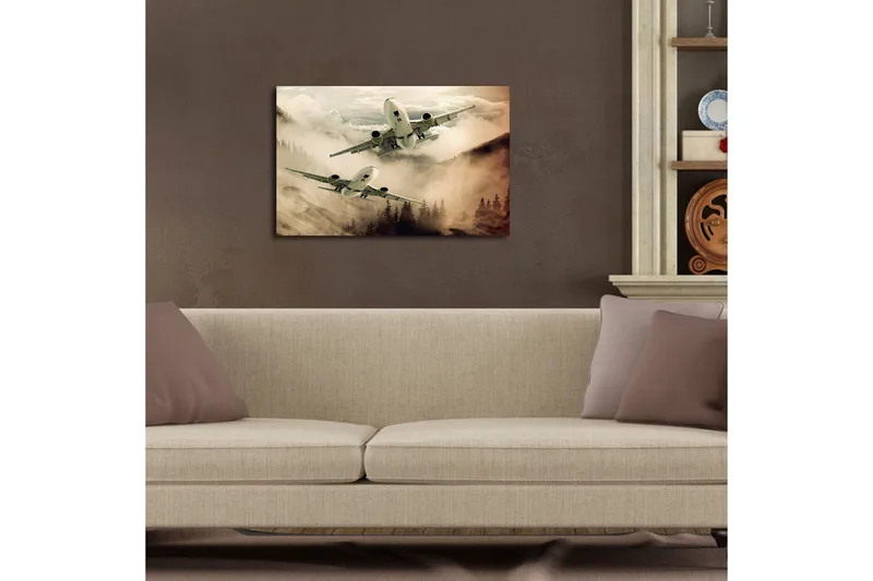 Canvas-taulu LED-valaistuksella 45x70 cm - Lentokone leijuu sumuisten vuorenhuippujen yllä - Harmaa / Beige / Tummanvihreä - Sisustustuotteet - Taulu & taide - Canvas-taulu