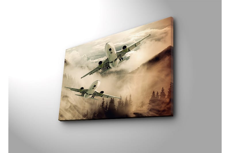 Canvas-taulu LED-valaistuksella 45x70 cm - Lentokone leijuu sumuisten vuorenhuippujen yllä - Harmaa / Beige / Tummanvihreä - Sisustustuotteet - Taulu & taide - Canvas-taulu