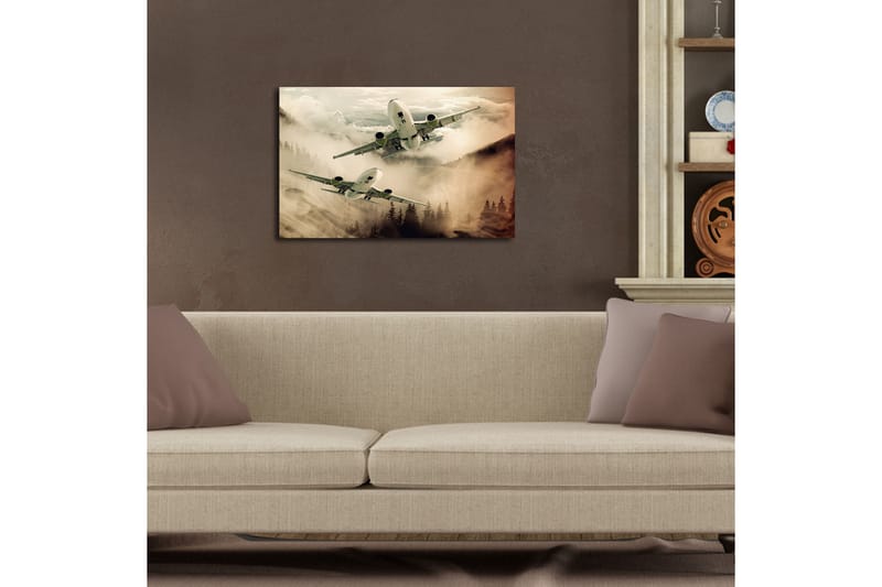 Canvas-taulu LED-valaistuksella 45x70 cm - Lentokone leijuu sumuisten vuorenhuippujen yllä - Harmaa / Beige / Tummanvihreä - Sisustustuotteet - Taulu & taide - Canvas-taulu