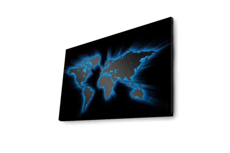 Canvas-taulu LED-valaistuksella 45x70 cm - Maailmankartta vaaleansinisillä ääriviivoilla mustalla taustalla - Musta / Vaaleansininen - Sisustustuotteet - Taulu & taide - Canvas-taulu
