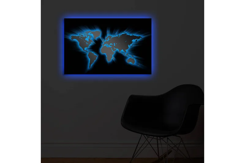 Canvas-taulu LED-valaistuksella 45x70 cm - Maailmankartta vaaleansinisillä ääriviivoilla mustalla taustalla - Musta / Vaaleansininen - Sisustustuotteet - Taulu & taide - Canvas-taulu