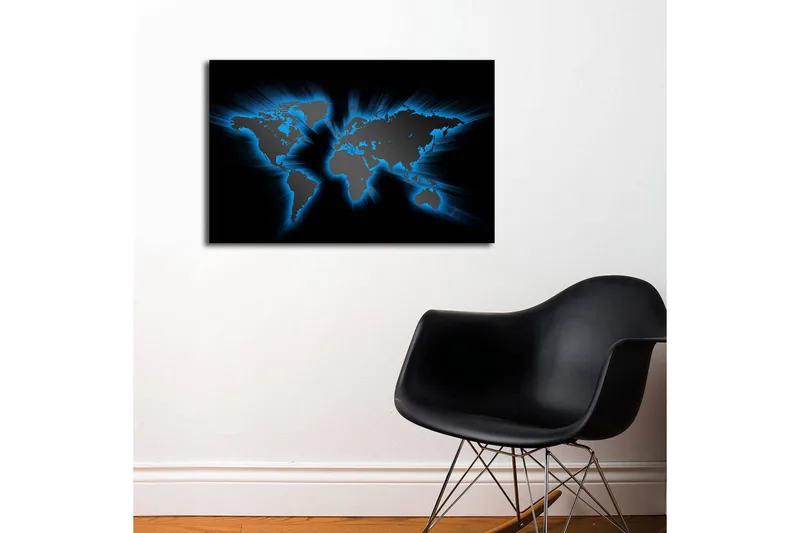 Canvas-taulu LED-valaistuksella 45x70 cm - Maailmankartta vaaleansinisillä ääriviivoilla mustalla taustalla - Musta / Vaaleansininen - Sisustustuotteet - Taulu & taide - Canvas-taulu