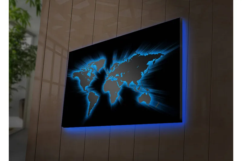 Canvas-taulu LED-valaistuksella 45x70 cm - Maailmankartta vaaleansinisillä ääriviivoilla mustalla taustalla, Musta / Vaaleansininen