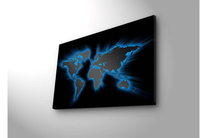 Canvas-taulu LED-valaistuksella 45x70 cm - Maailmankartta vaaleansinisillä ääriviivoilla mustalla taustalla - Musta / Vaaleansininen - Sisustustuotteet - Taulu & taide - Canvas-taulu