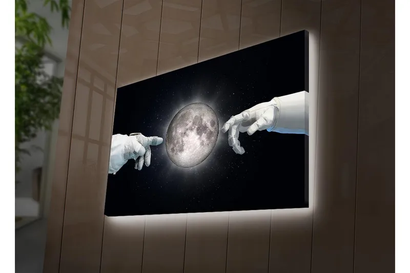 Canvas-taulu LED-valaistuksella 45x70 cm - Michelangelon luomuksen futuristinen tulkinta, jossa kädet kurottavat kohti kuuta, Musta / Valkoinen / Harmaa