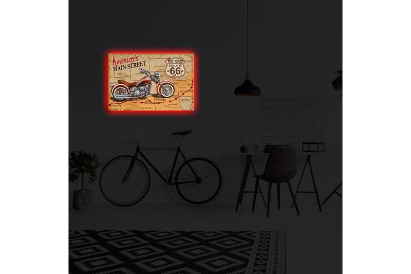 Canvas-taulu LED-valaistuksella 45x70 cm - Moottoripyörä Route 66 -kartalla - Punainen / Ruskea / Beige - Sisustustuotteet - Taulu & taide - Canvas-taulu