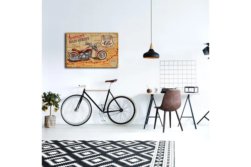Canvas-taulu LED-valaistuksella 45x70 cm - Moottoripyörä Route 66 -kartalla - Punainen / Ruskea / Beige - Sisustustuotteet - Taulu & taide - Canvas-taulu