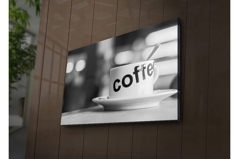 Canvas-taulu LED-valaistuksella 45x70 cm - Muki, jossa teksti coffee lautasella, Valkoinen / Musta