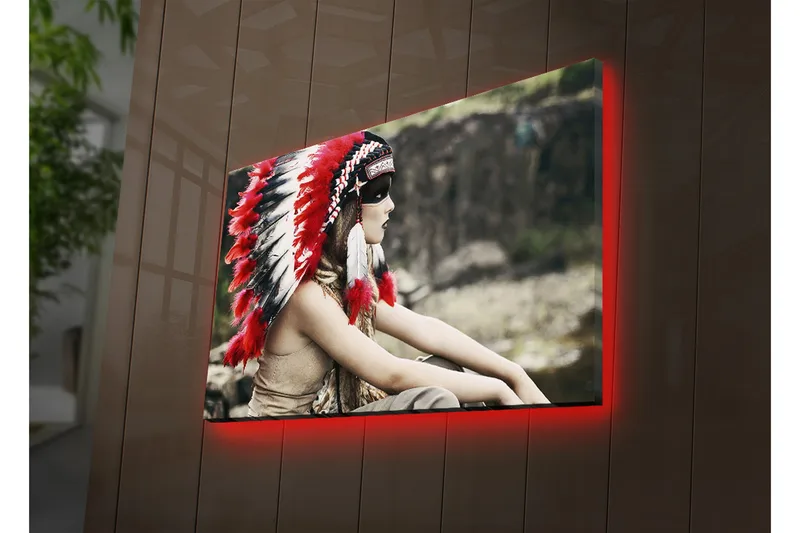 Canvas-taulu LED-valaistuksella 45x70 cm - Muotokuva naisesta perinteisessä intialaisessa päähineessä, Punainen / Musta / Valkoinen