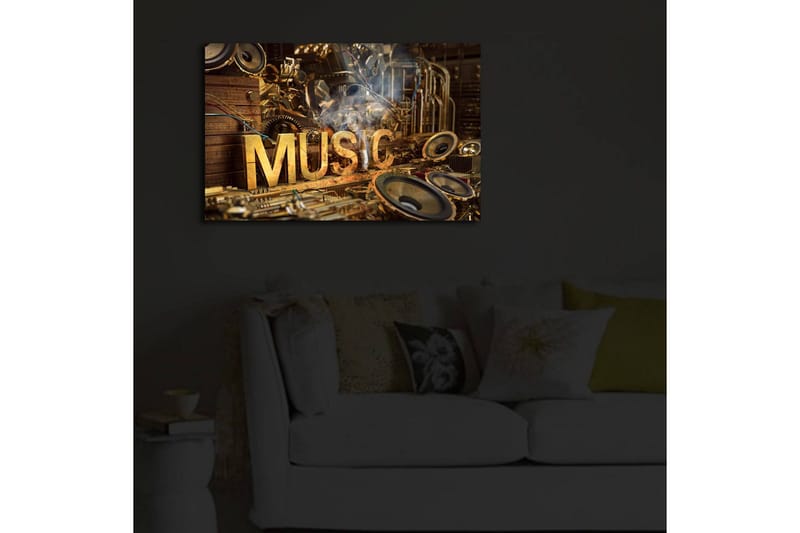 Canvas-taulu LED-valaistuksella 45x70 cm - Musiikkikollaasi soittimilla ja kaiuttimilla - Kulta / Ruskea / Musta - Sisustustuotteet - Taulu & taide - Canvas-taulu
