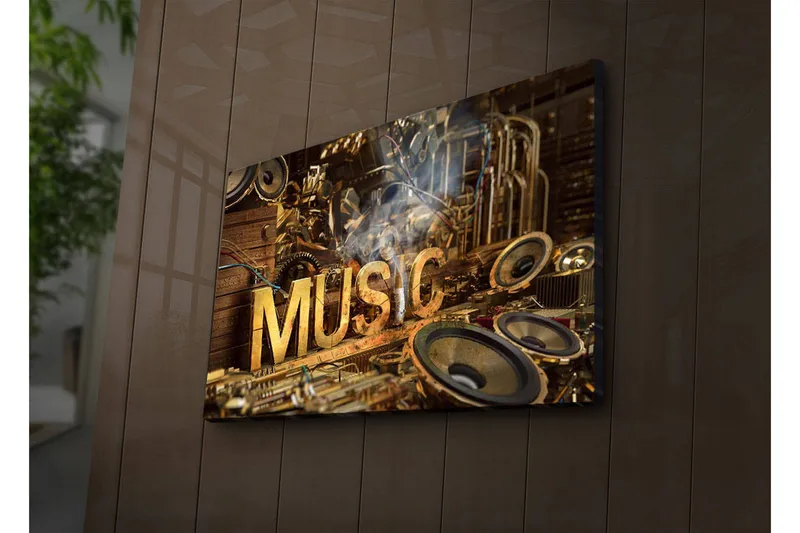 Canvas-taulu LED-valaistuksella 45x70 cm - Musiikkikollaasi soittimilla ja kaiuttimilla - Kulta / Ruskea / Musta - Sisustustuotteet - Taulu & taide - Canvas-taulu