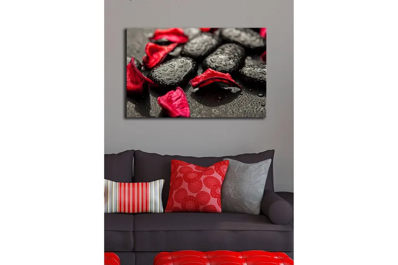 Canvas-taulu LED-valaistuksella 45x70 cm - Mustat kivet punaisilla kukkaterälehdillä ja vesipisaroilla - Musta / Punainen - Sisustustuotteet - Taulu & taide - Canvas-taulu