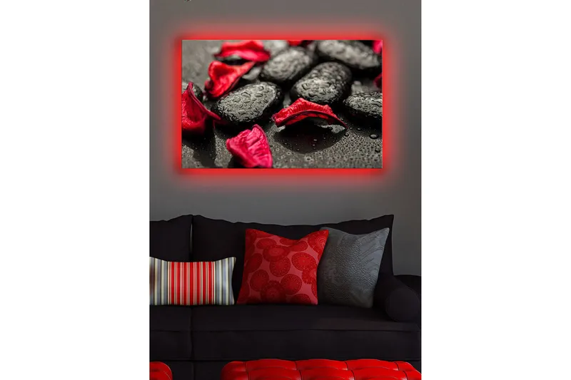 Canvas-taulu LED-valaistuksella 45x70 cm - Mustat kivet punaisilla kukkaterälehdillä ja vesipisaroilla - Musta / Punainen - Sisustustuotteet - Taulu & taide - Canvas-taulu