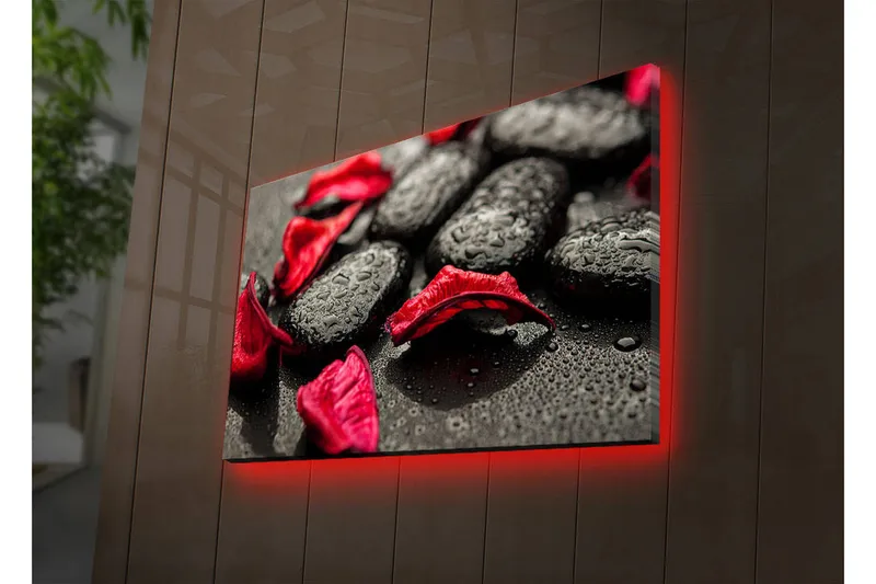 Canvas-taulu LED-valaistuksella 45x70 cm - Mustat kivet punaisilla kukkaterälehdillä ja vesipisaroilla, Musta / Punainen