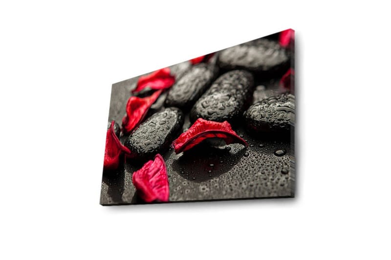Canvas-taulu LED-valaistuksella 45x70 cm - Mustat kivet punaisilla kukkaterälehdillä ja vesipisaroilla - Musta / Punainen - Sisustustuotteet - Taulu & taide - Canvas-taulu