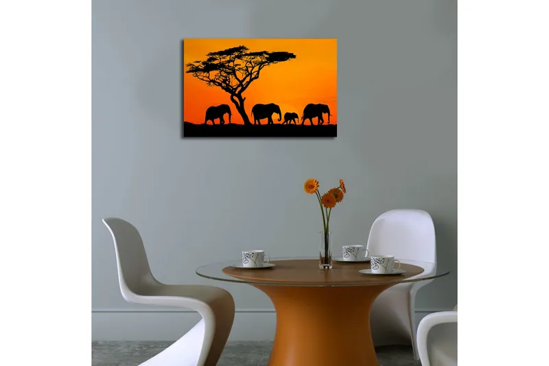 Canvas-taulu LED-valaistuksella 45x70 cm - Norsujen siluetit auringonlaskua vasten - Oranssi / Musta - Sisustustuotteet - Taulu & taide - Canvas-taulu