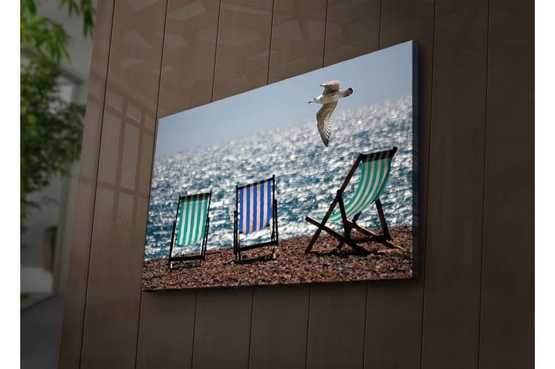 Canvas-taulu LED-valaistuksella 45x70 cm - Rantatuolit meren rannalla lentävän lokin kanssa - Vihreä / Sininen / Valkoinen - Sisustustuotteet - Taulu & taide - Canvas-taulu