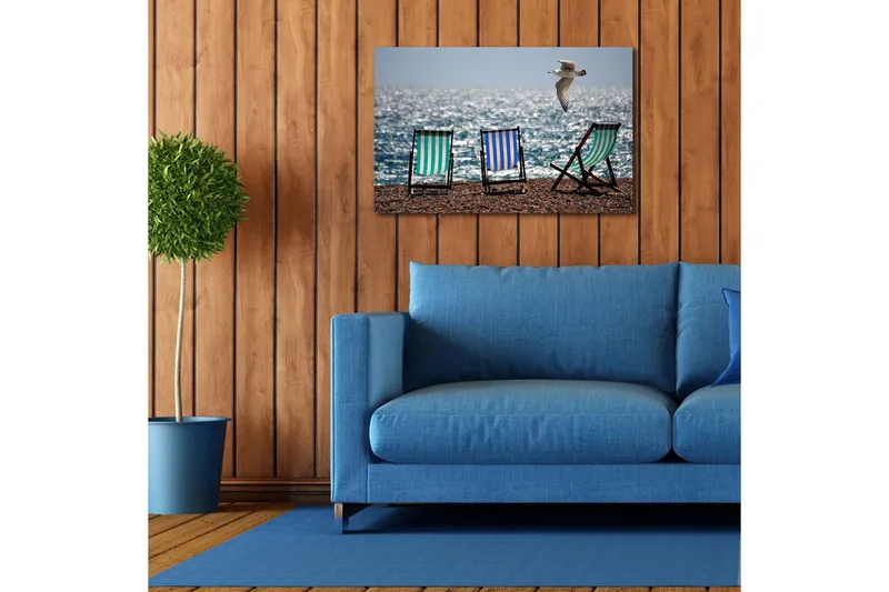 Canvas-taulu LED-valaistuksella 45x70 cm - Rantatuolit meren rannalla lentävän lokin kanssa - Vihreä / Sininen / Valkoinen - Sisustustuotteet - Taulu & taide - Canvas-taulu