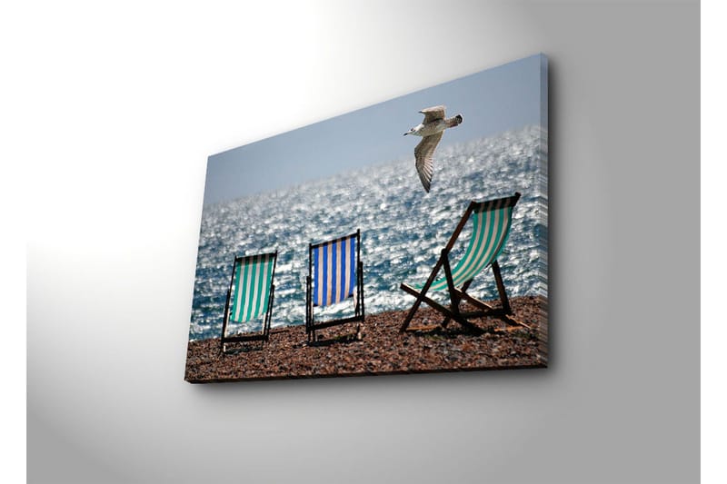 Canvas-taulu LED-valaistuksella 45x70 cm - Rantatuolit meren rannalla lentävän lokin kanssa - Vihreä / Sininen / Valkoinen - Sisustustuotteet - Taulu & taide - Canvas-taulu