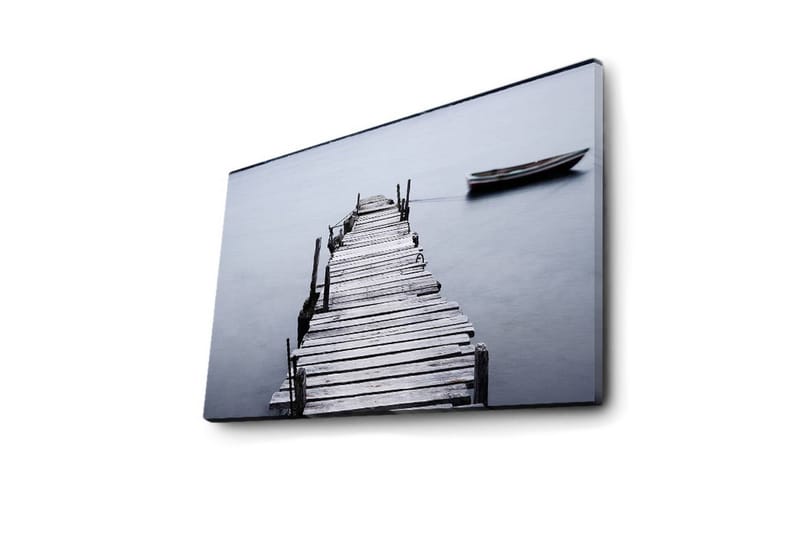 Canvas-taulu LED-valaistuksella 45x70 cm - Rauhallisuus puisella laiturilla, vene kaukaisuudessa - Harmaa / Musta / Valkoinen - Sisustustuotteet - Taulu & taide - Canvas-taulu