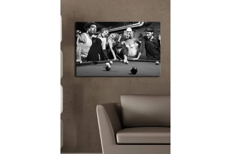 Canvas-taulu LED-valaistuksella 45x70 cm - Ryhmä ihmisiä vintage-tyyliin pelaamassa biljardia - Musta / Valkoinen / Harmaa - Sisustustuotteet - Taulu & taide - Canvas-taulu